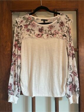 Signature Studio Cream Long-Sleeve Top with Pink Floral Yoke